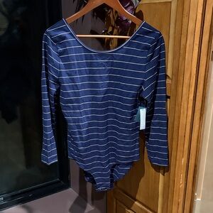 Nevereven/ Anthropologie Women’s Navy Striped Bodysuit - Ballet neck